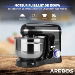 AREBOS Robot Pâtissier Professionnel 1500W Noir Robot De Cuisine Multifonction 6 Litres 6 Vitesses Fonction Pulse -Krups || DeLonghi Soldes 26673630 3