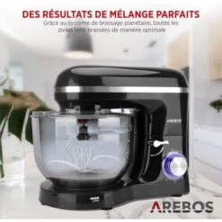 AREBOS Robot Pâtissier Professionnel 1500W Noir Robot De Cuisine Multifonction 6 Litres 6 Vitesses Fonction Pulse -Krups || DeLonghi Soldes 26673630 4