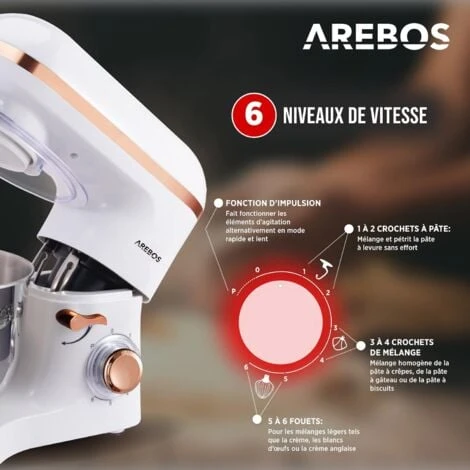 AREBOS Robot Pâtissier Professionnel 1500W Bol D'Acier Inoxydable 6 Litres 6 Vitesses Fonction Pulse Blanc 2 AREBOS Robot Pâtissier Professionnel 1500W Bol D'Acier Inoxydable 6 Litres 6 Vitesses Fonction Pulse Blanc – Image 2