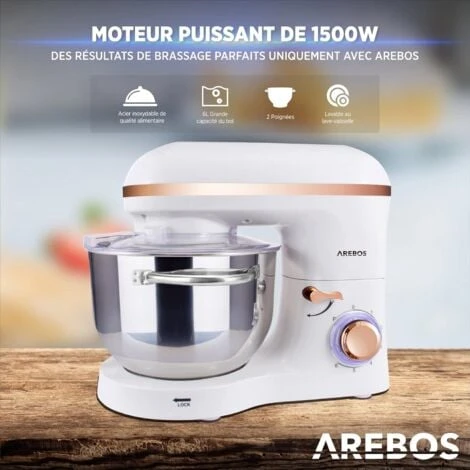 AREBOS Robot Pâtissier Professionnel 1500W Bol D'Acier Inoxydable 6 Litres 6 Vitesses Fonction Pulse Blanc 3 AREBOS Robot Pâtissier Professionnel 1500W Bol D'Acier Inoxydable 6 Litres 6 Vitesses Fonction Pulse Blanc – Image 3