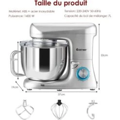 COSTWAY Robot Pâtissier 1400W Avec Bol 7L Batteur Electrique En Inox Et ABS à 6 Vitesses Réglables Avec Fouet, Crochet à Pâte -Krups || DeLonghi Soldes 29642249 5