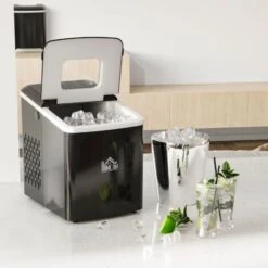 HOMCOM Machine à Glaçon 120 W - Capacité Réservoir Eau 1,8 L - Capacité Réservoir Glace 0,8 Kg - Cuillère Et Panier Inclus - PP Noir -Krups || DeLonghi Soldes 31805545 2