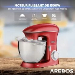 AREBOS Robot Pâtissier Professionnel 1500W Rouge Robot De Cuisine Multifonction XXL Bol D'Acier Inoxydable 8 Litres -Krups || DeLonghi Soldes 42224786 3
