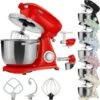 AREBOS Robot Pâtissier Professionnel 1800W Retro Rouge Faible Bruit Robot De Cuisine Multifonction 6 Litres 6 Vitesses