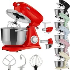 AREBOS Robot Pâtissier Professionnel 1800W Retro Rouge Faible Bruit Robot De Cuisine Multifonction 6 Litres 6 Vitesses