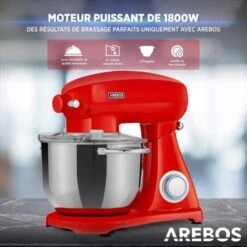AREBOS Robot Pâtissier Professionnel 1800W Retro Rouge Faible Bruit Robot De Cuisine Multifonction 6 Litres 6 Vitesses -Krups || DeLonghi Soldes 42268412 3