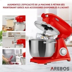 AREBOS Robot Pâtissier Professionnel 1800W Retro Rouge Faible Bruit Robot De Cuisine Multifonction 6 Litres 6 Vitesses -Krups || DeLonghi Soldes 42268412 4