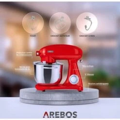 AREBOS Robot Pâtissier Professionnel 1800W Retro Rouge Faible Bruit Robot De Cuisine Multifonction 6 Litres 6 Vitesses -Krups || DeLonghi Soldes 42268412 5