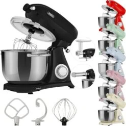 AREBOS Robot Pâtissier Professionnel 1800W Retro Noir Faible Bruit Robot De Cuisine Multifonction 6 Litres 6 Vitesses