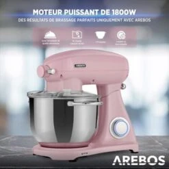 AREBOS Robot Pâtissier Professionnel 1800W Retro Rose Faible Bruit Robot De Cuisine Multifonction 6 Litres 6 Vitesses -Krups || DeLonghi Soldes 42268424 3