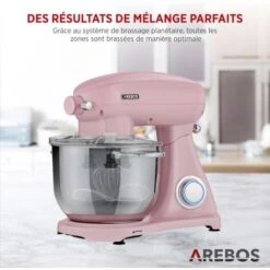 AREBOS Robot Pâtissier Professionnel 1800W Retro Rose Faible Bruit Robot De Cuisine Multifonction 6 Litres 6 Vitesses -Krups || DeLonghi Soldes 42268424 4