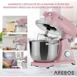 AREBOS Robot Pâtissier Professionnel 1800W Retro Rose Faible Bruit Robot De Cuisine Multifonction 6 Litres 6 Vitesses -Krups || DeLonghi Soldes 42268424 5