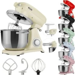 AREBOS Robot Pâtissier Professionnel 1800W Retro Créme Faible Bruit Robot De Cuisine Multifonction 6 Litres 6 Vitesses