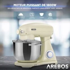 AREBOS Robot Pâtissier Professionnel 1800W Retro Créme Faible Bruit Robot De Cuisine Multifonction 6 Litres 6 Vitesses -Krups || DeLonghi Soldes 42268573 3