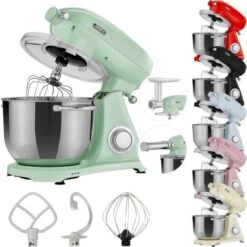 AREBOS Robot Pâtissier Professionnel 1800W Retro Vert Faible Bruit Robot De Cuisine Multifonction 6 Litres 6 Vitesses