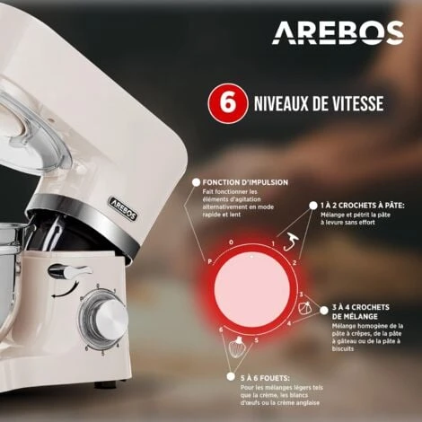 AREBOS Robot Pâtissier Professionnel 1500W Blanc Robot De Cuisine Multifonction Avec Fouet, Batteur, Crochet 6 Vitesses 2 AREBOS Robot Pâtissier Professionnel 1500W Blanc Robot De Cuisine Multifonction Avec Fouet, Batteur, Crochet 6 Vitesses – Image 2