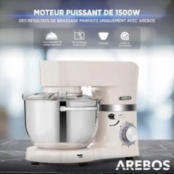 AREBOS Robot Pâtissier Professionnel 1500W Blanc Robot De Cuisine Multifonction Avec Fouet, Batteur, Crochet 6 Vitesses 7 AREBOS Robot Pâtissier Professionnel 1500W Blanc Robot De Cuisine Multifonction Avec Fouet, Batteur, Crochet 6 Vitesses -Krups || DeLonghi Soldes 42500523 3