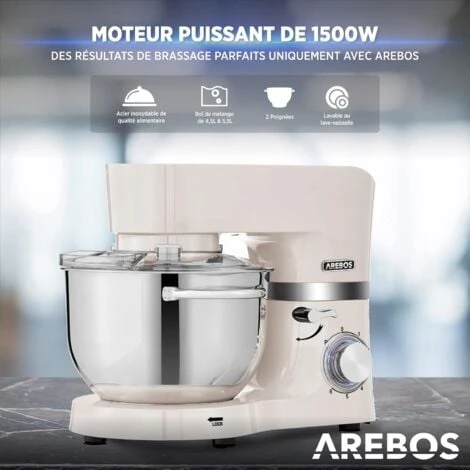 AREBOS Robot Pâtissier Professionnel 1500W Blanc Robot De Cuisine Multifonction Avec Fouet, Batteur, Crochet 6 Vitesses 3 AREBOS Robot Pâtissier Professionnel 1500W Blanc Robot De Cuisine Multifonction Avec Fouet, Batteur, Crochet 6 Vitesses – Image 3