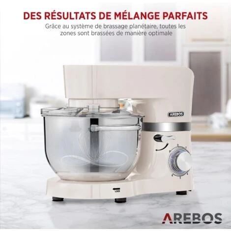 AREBOS Robot Pâtissier Professionnel 1500W Blanc Robot De Cuisine Multifonction Avec Fouet, Batteur, Crochet 6 Vitesses 5 AREBOS Robot Pâtissier Professionnel 1500W Blanc Robot De Cuisine Multifonction Avec Fouet, Batteur, Crochet 6 Vitesses – Image 5