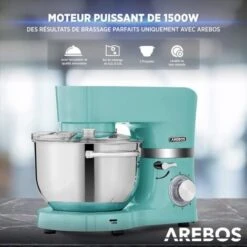 AREBOS Robot Pâtissier Professionnel 1500W Turquoise Robot De Cuisine Multifonction Avec Fouet, Batteur, Crochet Avec 2 Bols D'Acier Inoxydable 6 Vitesses Fonction Pulse -Krups || DeLonghi Soldes 42500524 3