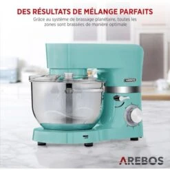 AREBOS Robot Pâtissier Professionnel 1500W Turquoise Robot De Cuisine Multifonction Avec Fouet, Batteur, Crochet Avec 2 Bols D'Acier Inoxydable 6 Vitesses Fonction Pulse -Krups || DeLonghi Soldes 42500524 5