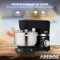 AREBOS Robot Pâtissier Professionnel 1500W Noir Robot De Cuisine Multifonction Avec Fouet, Batteur, Crochet 6 Vitesses -Krups || DeLonghi Soldes 42500526 3