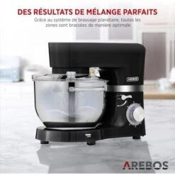 AREBOS Robot Pâtissier Professionnel 1500W Noir Robot De Cuisine Multifonction Avec Fouet, Batteur, Crochet 6 Vitesses -Krups || DeLonghi Soldes 42500526 5