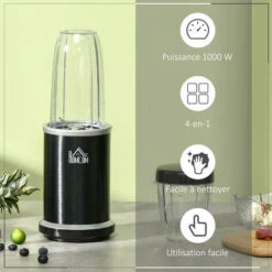 HOMCOM Blender 1000 W - 4 Modes - 2 Bols 700 Ml Et 350 Ml - Système Verrouillage Sécurité - Nettoyage Facile - Alu. Tritan Noir -Krups || DeLonghi Soldes 60072222 5