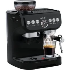 Caf And Go - Machine à Café - 15 Bars - Café à Grains, 3 Spécialités De Café, Mousseur De Lait, Eau Chaude - Noir Brillant