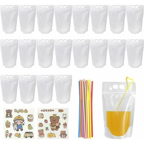 SVKBJROY Lot De 20 Sacs à Boissons Réutilisables Transparents Givrés Portables De 500 Ml Pour Pique-nique, Fête, Camping, Plage, Jus De Bière, Lait, Avec 20 Pailles 1 SVKBJROY Lot De 20 Sacs à Boissons Réutilisables Transparents Givrés Portables De 500 Ml Pour Pique-nique, Fête, Camping, Plage, Jus De Bière, Lait, Avec 20 Pailles