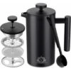 Vancasso Cafetière à Piston, French Press 0,8 L Isolation à Double Paroi, Paroi Intérieure Avec Cautèle, Avec 5 Filtres à Café Et Cuillère Doseuse, Acier Inoxydable, Noir Mat, Café, Thé