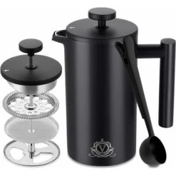 Vancasso Cafetière à Piston, French Press 0,8 L Isolation à Double Paroi, Paroi Intérieure Avec Cautèle, Avec 5 Filtres à Café Et Cuillère Doseuse, Acier Inoxydable, Noir Mat, Café, Thé