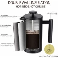 Vancasso Cafetière à Piston, French Press 0,8 L Isolation à Double Paroi, Paroi Intérieure Avec Cautèle, Avec 5 Filtres à Café Et Cuillère Doseuse, Acier Inoxydable, Noir Mat, Café, Thé -Krups || DeLonghi Soldes 90753361 3