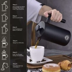 Vancasso Cafetière à Piston, French Press 0,8 L Isolation à Double Paroi, Paroi Intérieure Avec Cautèle, Avec 5 Filtres à Café Et Cuillère Doseuse, Acier Inoxydable, Noir Mat, Café, Thé -Krups || DeLonghi Soldes 90753361 4