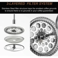 1 Litre (8 Tasses), Cafetière à Piston En Acier Inoxydable 304 à Double Paroi Lsolée, Cafetiere Piston Avec 1 Filtre Supplémentaire, Système De Filtration à 3 Niveaux, Argenté -Krups || DeLonghi Soldes 93315698 4