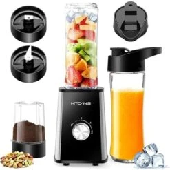 3 En 1 Blender Mixeur Smoothie 600W Fonctions Mélange Et Broyage 3 Vitesses Réglables, 2 Bouteilles 600 Ml Et Tasse Broyage 300 Ml
