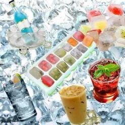 Accessoires Boisson　Bac à Glaons 4 PCS Cubes à Glaons En Silicone Avec Couvercle Ice Cube Tray 14 Compartiments Pour Whisky, Cocktail, Boissons, Blanc + Bleu -Krups || DeLonghi Soldes 96339821 5