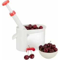 Dénoyauteur De Cerises Relaxdays, Avec Ventouse, Récipient De Collecte, Plastique, Lame En Acier Inoxydable, Dénoyauteur, Blanc-rouge